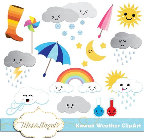 Weather Clipart Set Cute Kawaii Weather Rainbow Clouds Etsy UK