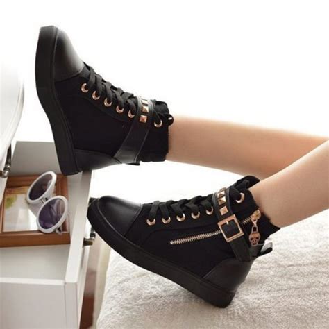 Shoes Fashion Black Buckles Footwear Trendy Cute Converse Fashion Zipper Rivets Canvas