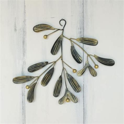 Distressed Metal Mistletoe Sprig Gold Berries Rustic Xmas Vintage Leaf