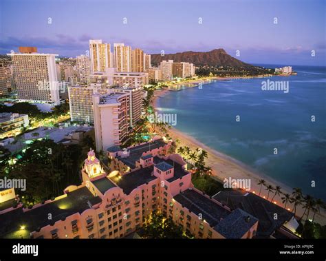 Waikiki Beach And Diamond Head With Beach Front Hotels And Pink