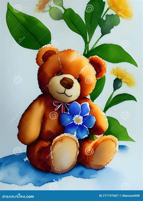 Teddy Bear With A Flower Watercolor Style Ai Generated Stock Image