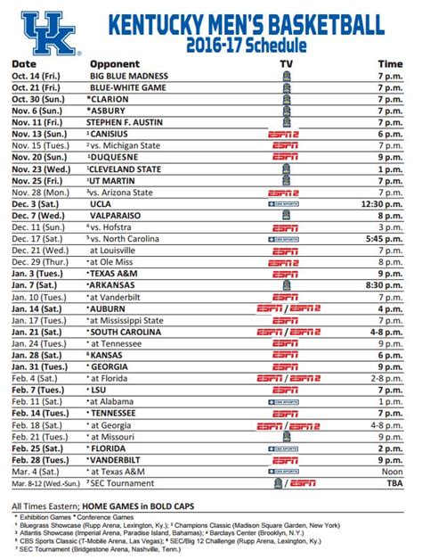 Kentucky Wildcats Basketball Full 2016 17 Schedule Channels Dates