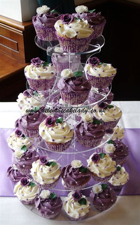 Purple And Ivory Rose Wedding Cupcake Tower In 2020 Cupcake Tower