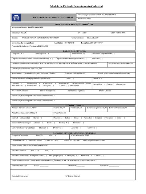 Modelo Ficha De Levantamento Cadastral Preenchida Pdf