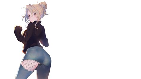 Blonde Ponytail Ass Arutera Anime Anime Girls Jeans Denim Black Legwear Fishnet