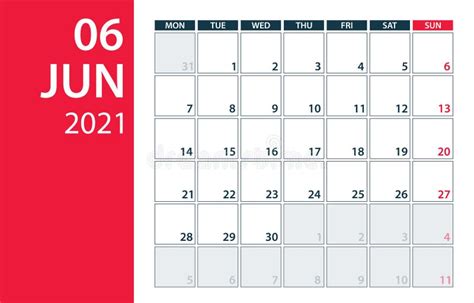 June 2021 Calendar Planner Vector Illustration Template Mock Up