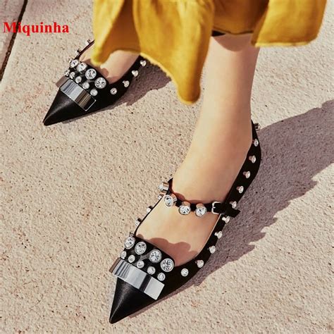 2018 Spring Summer Black Shoes Women Pointed Toe Crystal Rivet Designer