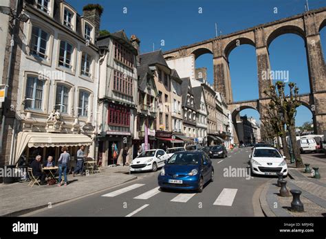 Morlaix With The Viaduct Showing Finistère Brittany France Stock