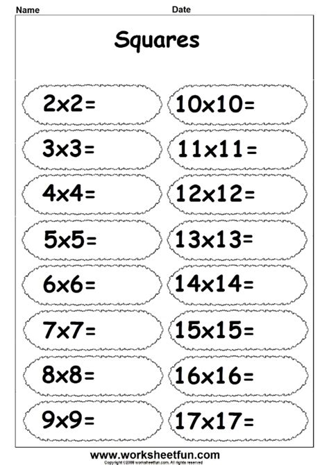 Multiplication Worksheets Square Numbers