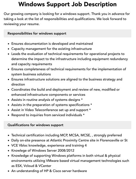 Windows Support Job Description Velvet Jobs