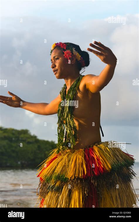 Yapese Girl In Grass Skirt Dancing By The Ocean Yap Island Federated