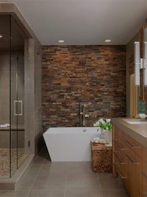 Modern Full Bathroom Stone Wall Glass Walk In Shower Maple Vanity
