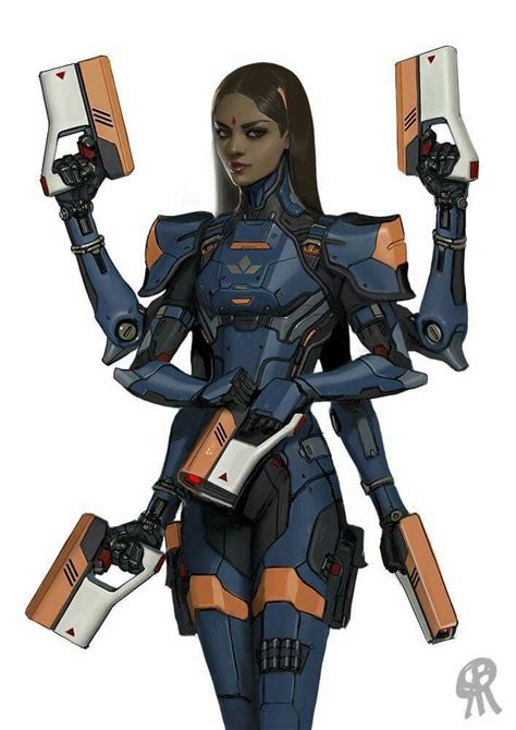 Six Armed Cyborg Gunner Female Character Design Rpg Character