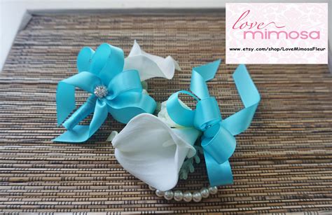 Wrist Corsage Ivory Calla Lily And Light Blue Ribbons Pearl Etsy In