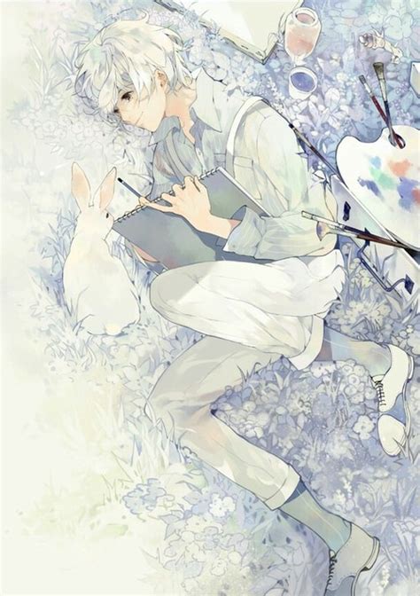 White Hair Anime Boy Lying Down Painting Anime Boys