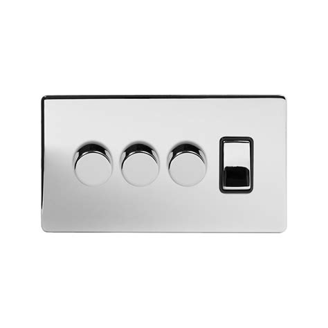 Polished Chrome 4 Gang Switch With 3 Dimmers 3x150w Led Dimmer 1x20a