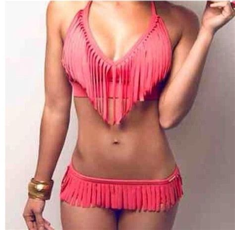 swimwear bikini pink fringe bikini bottoms halter top bathing suit victoria s secret fashion
