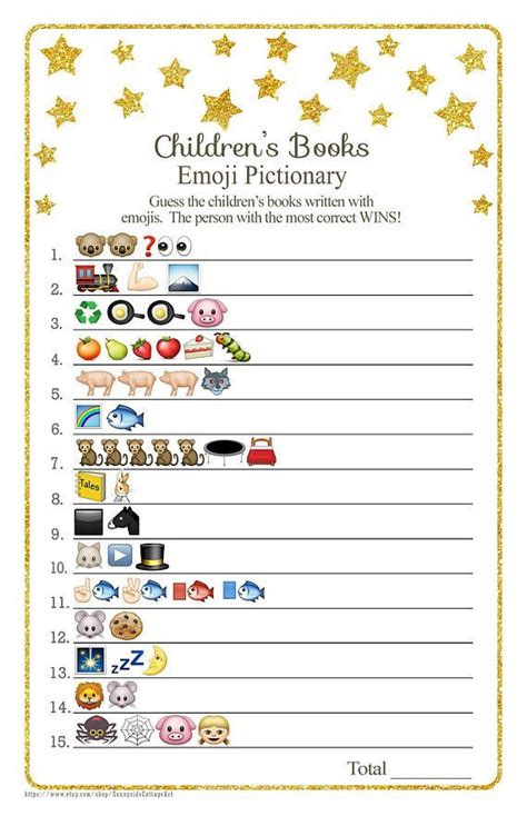 We created free printable baby shower games that will be fun for every guest. Children's Books EMOJI Pictionary game with whimsical gold ...