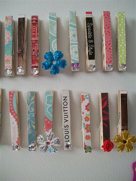 decorate clothes pins then glue small magnets to the back to put on the fridge cute craft