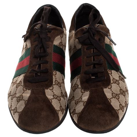 Gucci Beigebrown Gg Canvas And Suede Ace Vintage Web Lace Up Sneakers
