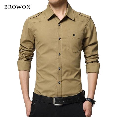 Mens Epaulette Shirt Fashion Full Sleeve Epaulet Military Style 100 Shirts Army Green Cotton