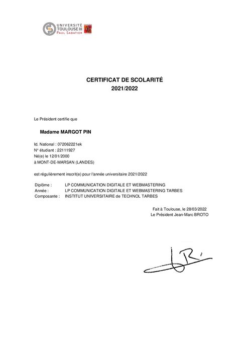 Calaméo Certificat De Scolarité Tnmcd1 2021 2022 Margot Pin