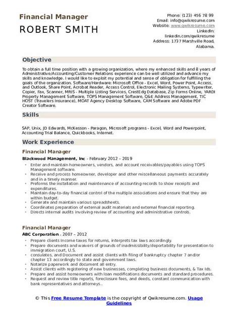 Use this finance manager resume template as the starting point for your new job. Financial Manager Resume Samples | QwikResume