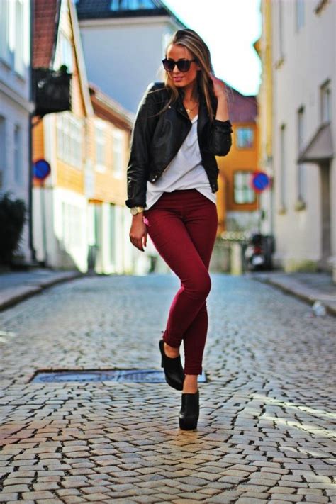 Wine Colored Jeans And Leather Jacket Fashion Fashion Outfits Passion For Fashion