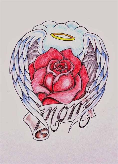 Lovely Rose Cover With Angel Wings And Mom Banner Tattoo