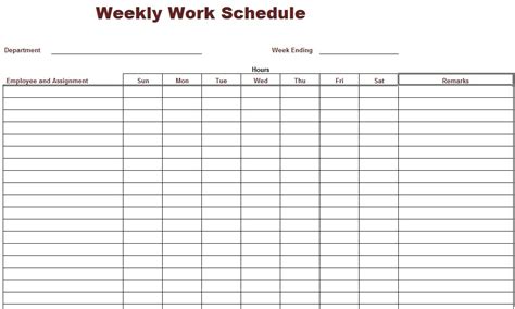 The scheduling of an entire team or company department. Weekly Work Schedule Template | Daily schedule template, Schedule template, Work schedule
