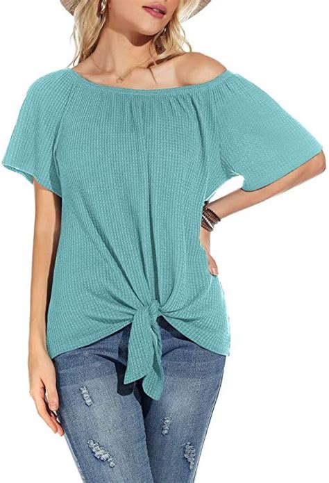 Neineiwu Womens Waffle Knit Off The Shoulder Tops Casual Short Sleeve