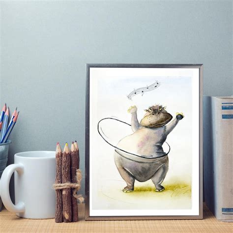Funny Animal Art Print Cartoon Animal Print Art Dancing Hippo