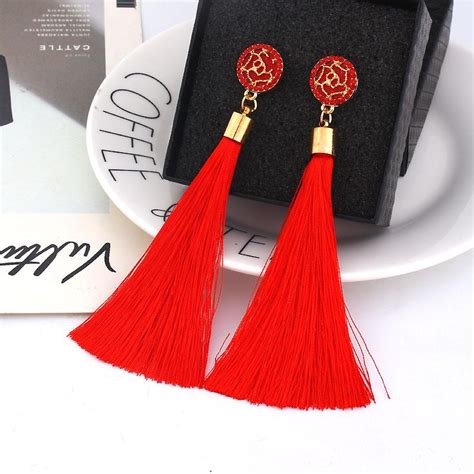 💰kjøp 2019 fashion bohemian rose flower long tassel earrings silk fabric drop tassel earring for