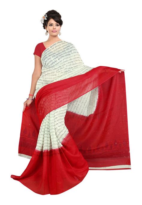 Fabdeal Red And White Quikry Prints Linen Silk Printed Saree Saree
