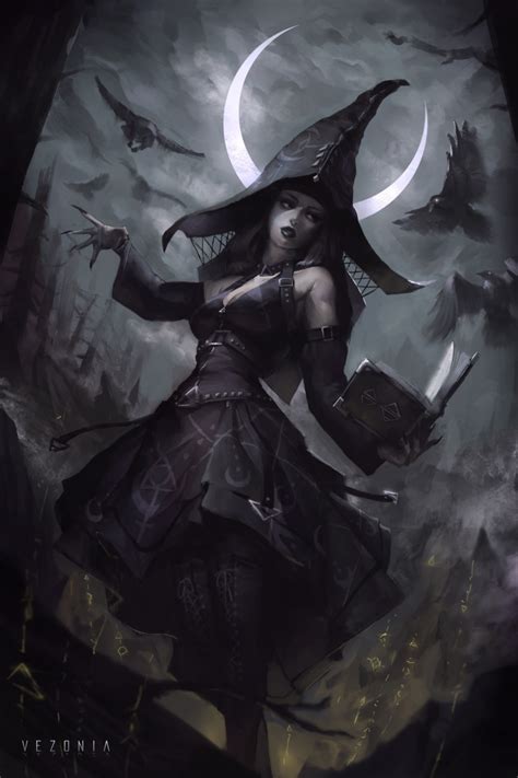 A Woman Dressed As A Witch Holding A Book In Front Of A Full Moon And Flying Bats