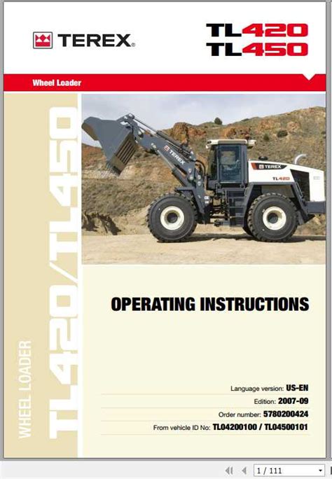 Terex Wheel Loader Tl420 Tl450 Operating Instruction5780200424