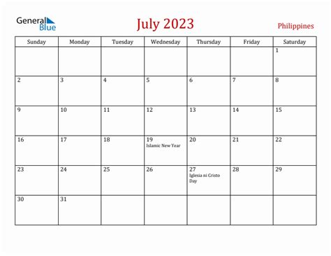 July 2023 Monthly Calendar With Philippines Holidays