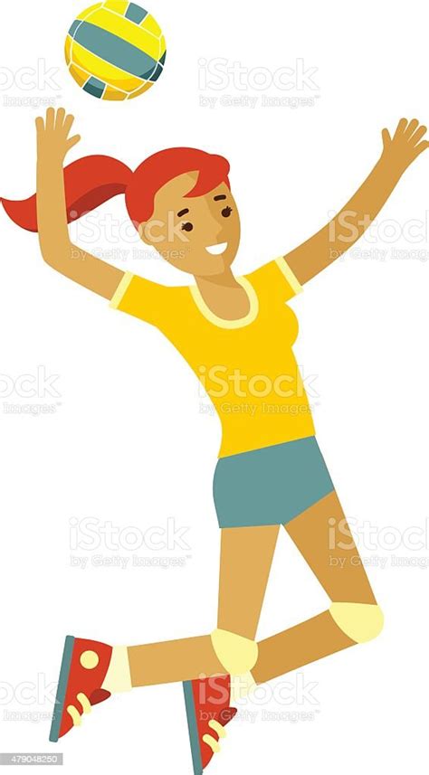 Smiling Girl Playing Volleyball In Flat Style Stock Illustration Download Image Now Serving