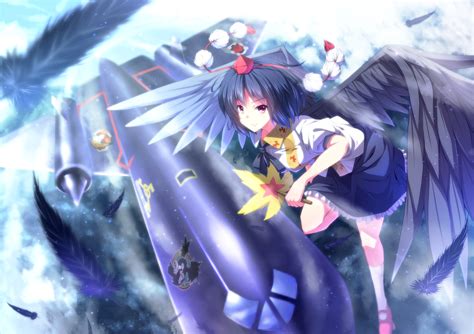 Aircraft Blue Hair Clouds Fan Feathers Hat Kneehighs Red Eyes Ryosios