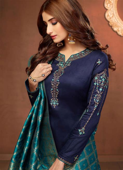 An Superb Navy Blue Cotton Silk Churidar Salwar Kameez Will Make You Appear Extremely Stylish