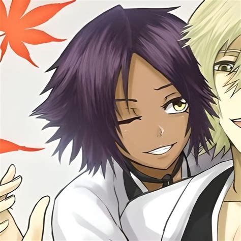 Two Anime Characters One With Purple Hair And The Other With Blonde Hair Are Smiling