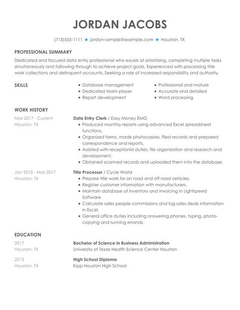 With a traditional resume template format, you can leave the layout and design to microsoft and focus on putting your best foot forward. Data Entry Clerk Resume Examples - Free to Try Today ...