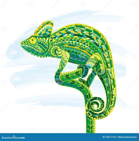 Hand Drawn Colored Doodle Outline Chameleon Illustration Decorative In