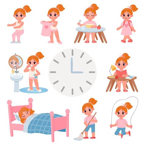 Cute Little School Girl Day Routine Schedule Cartoon Kid Activity Ex