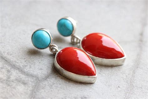 Buy Red Coral Turquoise Earrings Artisan Silver Earrings Online At