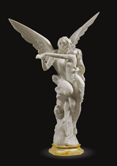 Italian Circa CUPID AND PSYCHE White Marble On A Veined Yellow Marble Base Cm