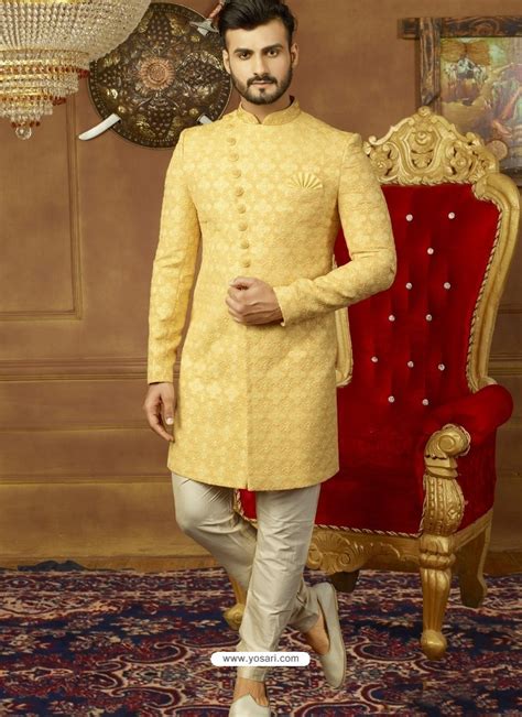 Buy Yellow Art Banarasi Silk Indo Western Embroidered Designer Sherwani