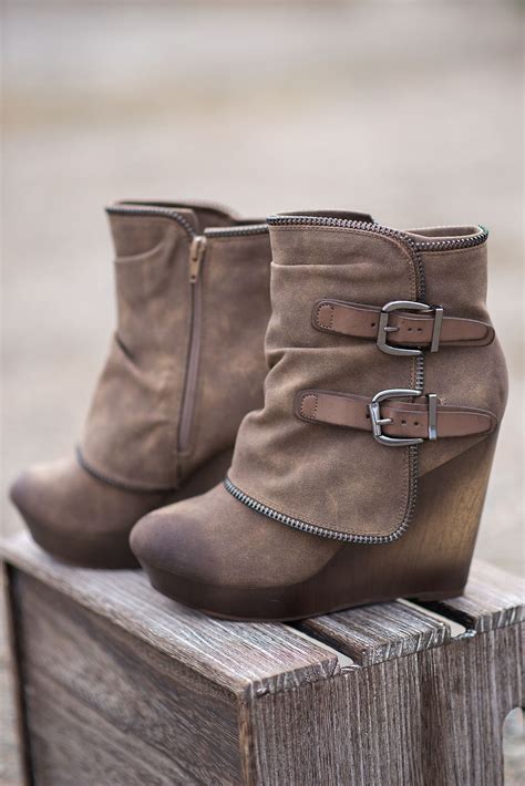 Why Dont We Just Wedge Double Buckled Wedge Booties Taupe Nanamacs