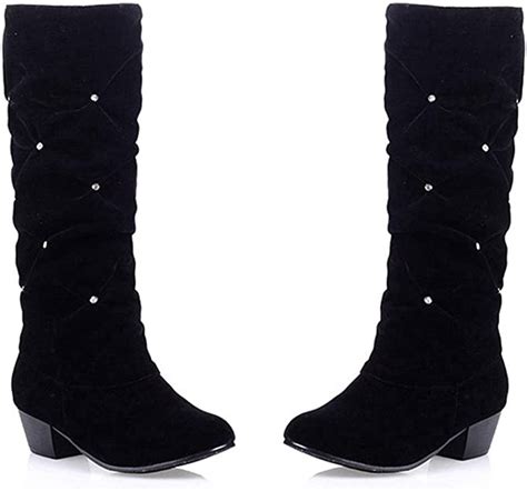 giy women s slouch mid calf riding boots with rhinestone suede round toe fashion cozy low heel