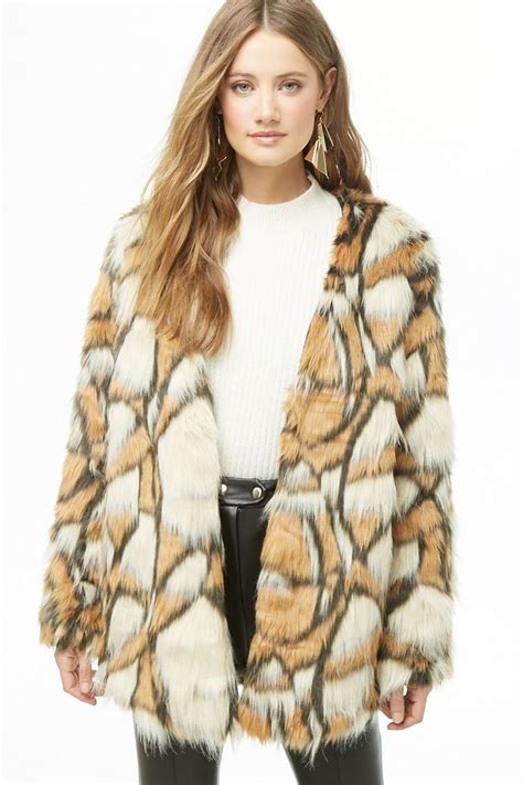 Camel faux fur coat with a classic collar. Multicolored Shaggy Faux Fur Coat | Shaggy faux fur coat ...